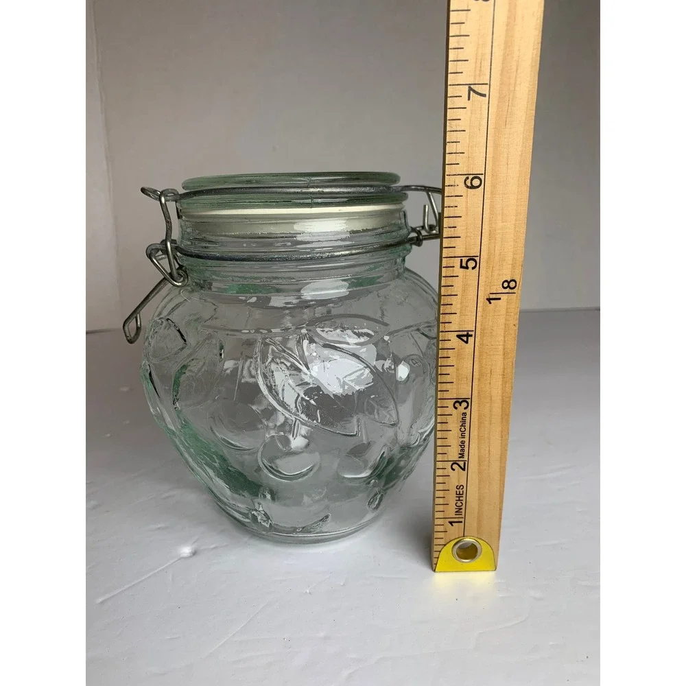Vintage 70s Green Tint Glass Jar Embossed Fruit Pattern Wire Bail Hermetic‎ Lid